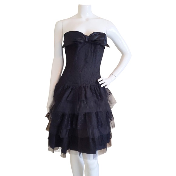 Vtg 80s Black Polka Dot Tulle Strapless Ruffle Tiered Mini Party Prom Dress - Picture 2 of 9